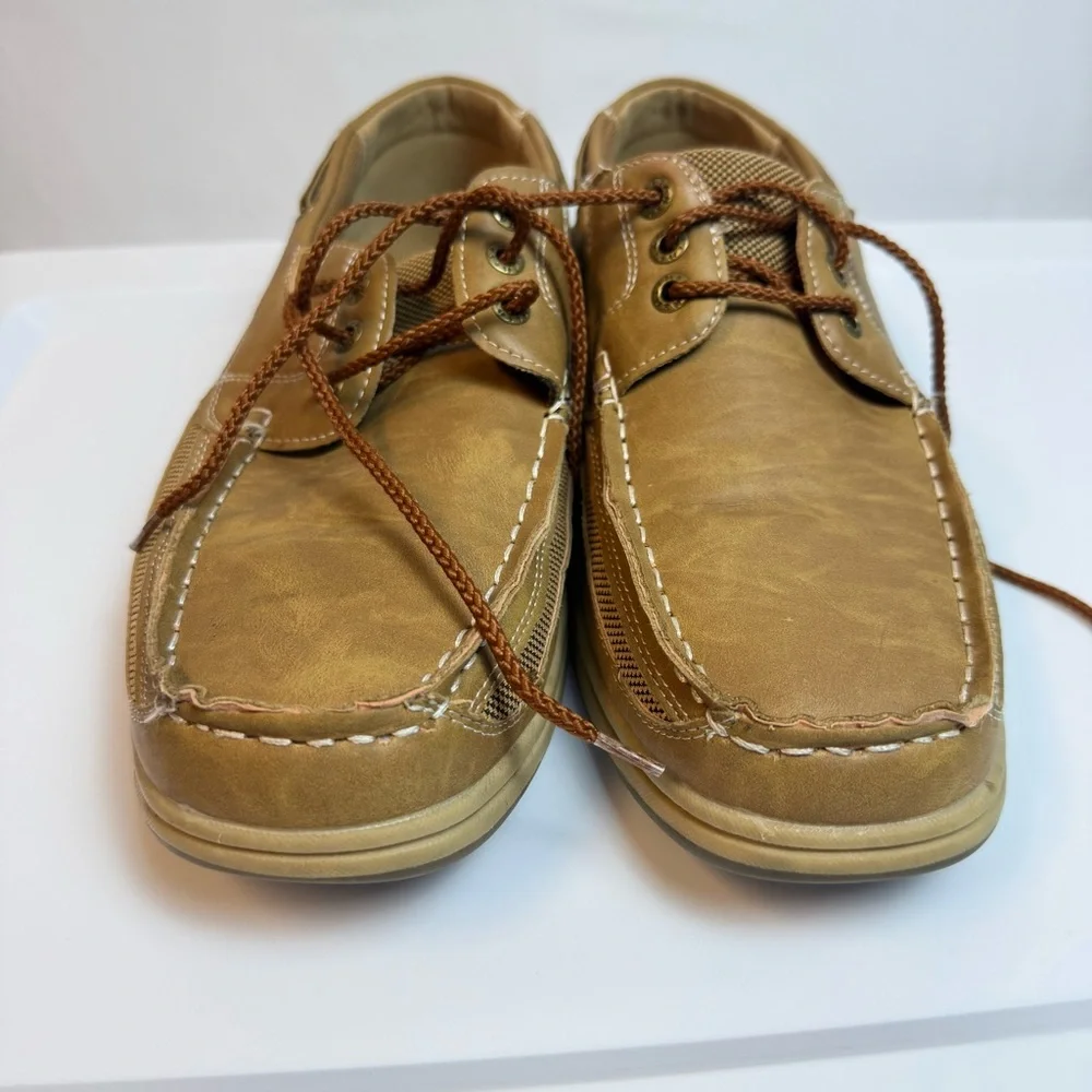 Tansmith Mens Tan Boat Shoes sz 8.5 Boho Casual Lace Up Simulated Leather‎ Mesh